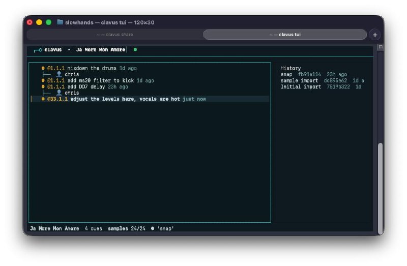 Clavus TUI showing cue list and snapshot history